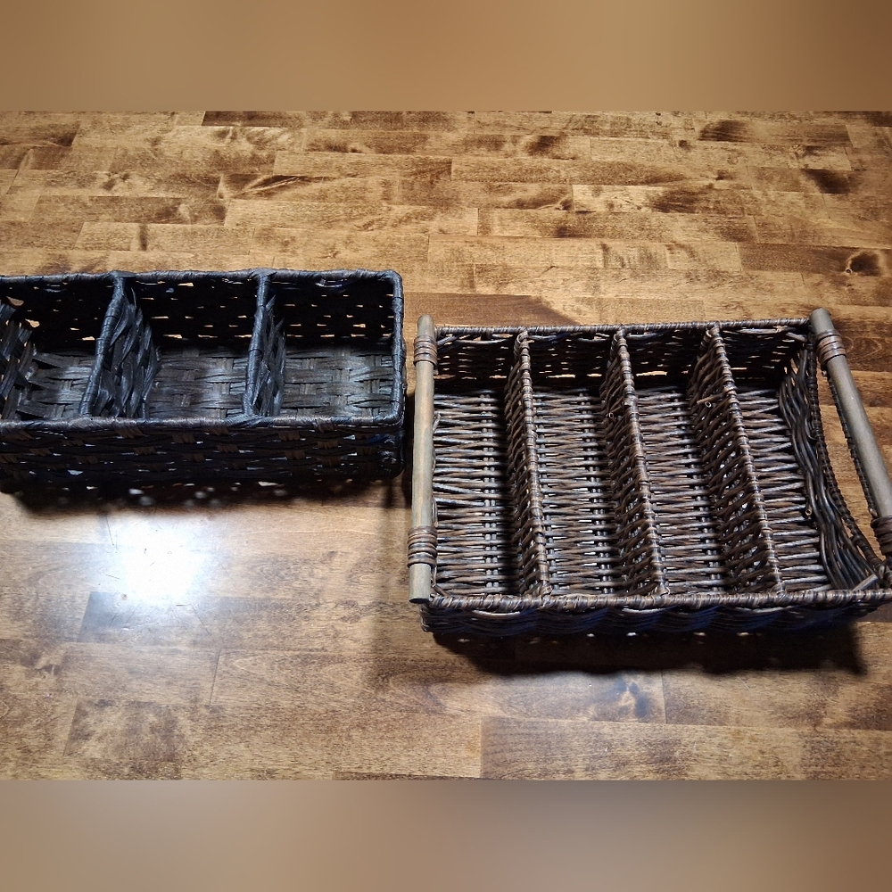 Two Brown Wicker Storage Baskets